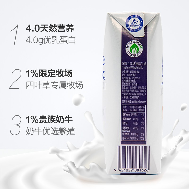 纽仕兰4.0g新西兰进口全脂纯牛奶250ml*24盒/箱